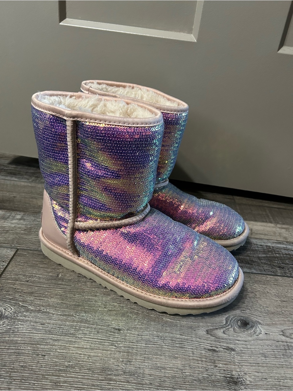 UGG Classic Short Cosmos Sequin Boots in the color quartz pink purple